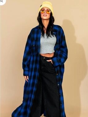 Dressed in LaLa Blue Plaid Longline Button-Up Shirt Jacket L/XL